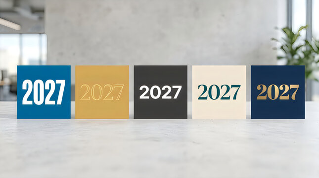 Four 2027 year square badges in different colors
