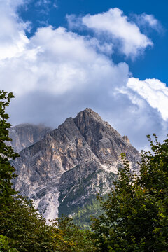 Stunning view of Monte Antelao massif from the town San Vito di Cadore in Ampezzo Dolomites Natural Park in sunny summer, Belluno, Veneto, South Tyrol, Italy