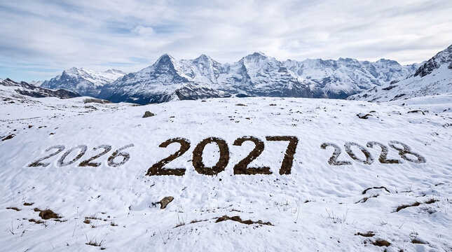 The year 2027 written in the snow on a mountain top with years 2026 and 2028 visible as a concept for the upcoming future and new year planning