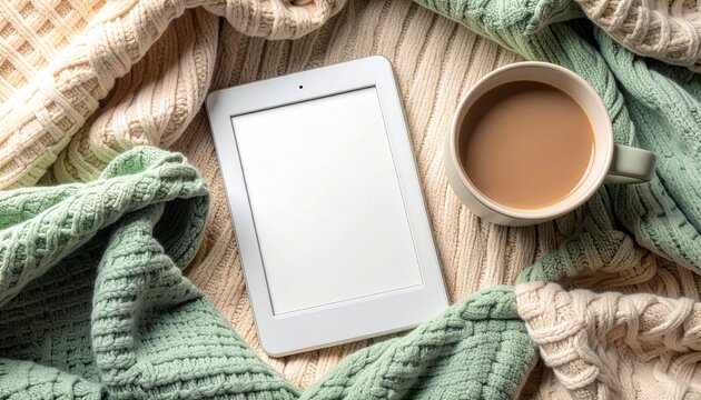 Blank tablet mockup on cozy knitted blankets with cup of coffee flat lay lifestyle concept