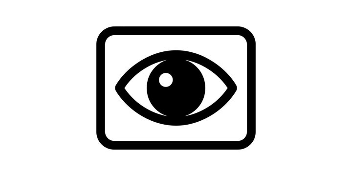 Black outline eye icon in rectangle frame for view isolated on transparent background.
