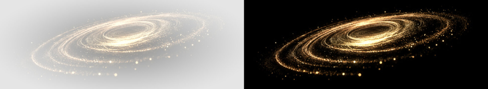 Golden glowing lens flare PNG overlay with radiant elliptical spiral and particle dust, on transparent background