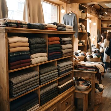 아늑하고 포근한 분위기의 부티크 의류 매장 내부 진열대, Cozy and Warm-toned Clothing Boutique Store Interior with Stacked Shelves,