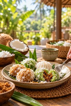 Traditional Indonesian Klepon Rice Cakes with Palm Sugar Filling and Grated Coconut on Tropical Outdoor Table