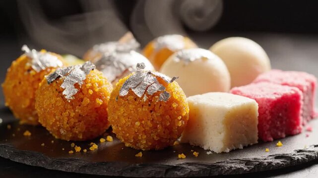 Assorted Traditional Indian Sweets Mithai Including Motichoor Laddu and Burfi Decorated with Silver Foil