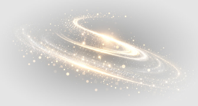 Golden lens flare PNG overlay with luminous spiral rings and glitter particles, on transparent background