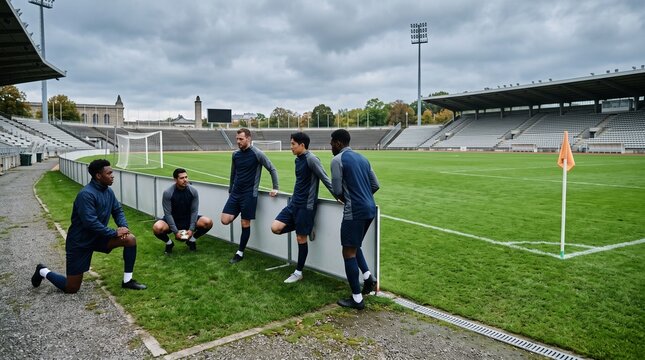 Diverse soccer team stretching and preparing for a match on a cloudy day at a stadium