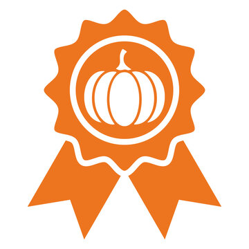 Temporada de oto&ntilde;o. Icono con dibujo sencillo de una calabaza en medalla en escarapela con cintas y borde decorativo festoneado, para tarjetas y felicitaciones para el D&iacute;a de Acci&oacute;n de Gracias