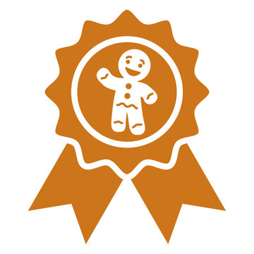 Logo postre de Navidad. Icono con dibujo sencillo de la silueta de un hombre de pan de jengibre saludando, en medalla en escarapela con cintas y borde decorativo festoneado