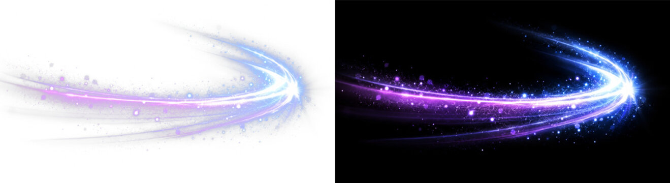 Radiant blue light leak PNG overlay with purple glowing trail and curved particle streaks, on transparent background