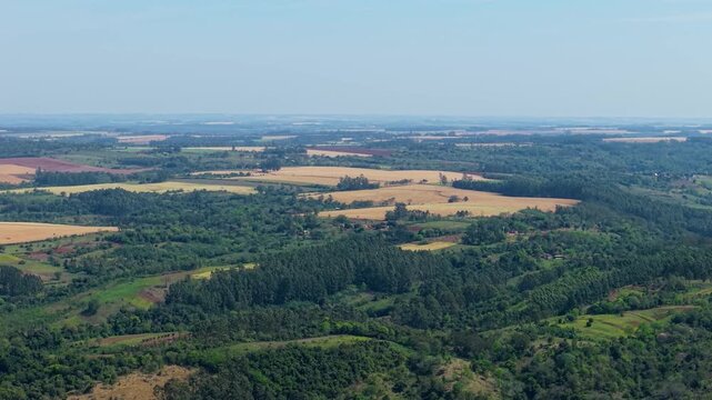 High-altitude drone view showing the stark boundary between dense native forests and cleared golden agricultural farmland in the South American countryside.