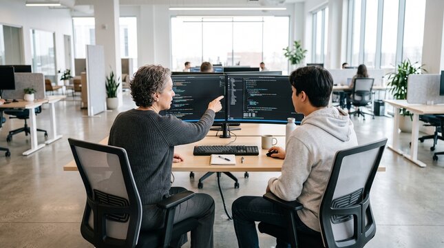 Two colleagues collaborating on computer code in a modern open plan office environment