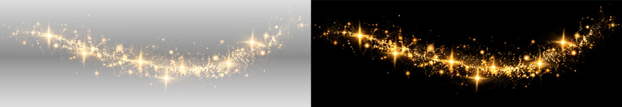 Golden glowing sparkle PNG overlay with luminous starbursts and radiant particle trail, on transparent background