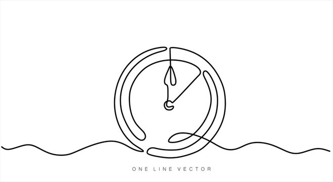 Continuous one line drawing of a clock face, time and precision concept, hand drawn customizable vector, ready to use 