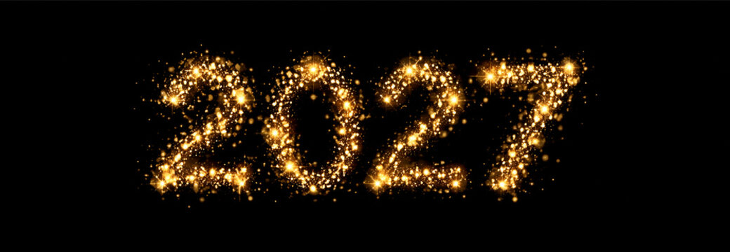 Golden glowing sparkle 2027 PNG overlay with radiant festive particle effect