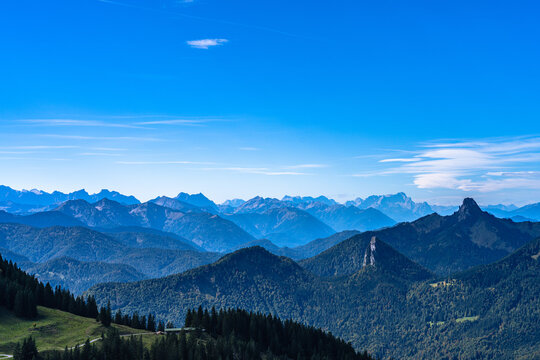 Stunning panorama view of peaks of Karwendel and Wettersteingebirge Alps from top of mountain Wallberg in summer on a sunny day, Miesbach, Bavaria, Germany