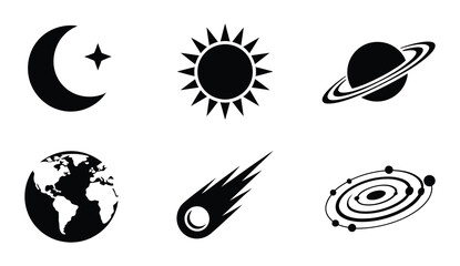 Cosmic icons featuring planets, sun, moon, galaxy, comet and Earth, celestial astronomy symbols, outer space exploration, scientific vector illustration. © RIFAT01