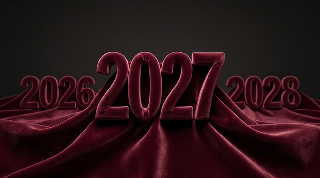 Red velvet numbers 2027 standing on a dark luxury fabric background for new year celebration and holiday greeting card design for upcoming future