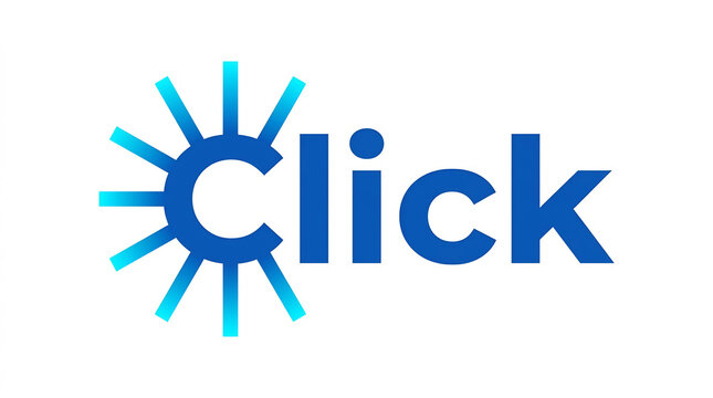 Blue click logo with sun rays and modern sans serif typography