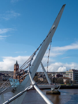 Closeup of metal support structures on the Peace Bridge in Derry Londonderry in the North of Ireland