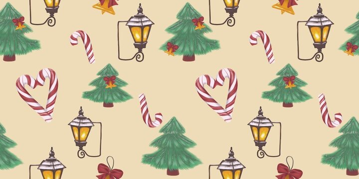Christmas seamless pattern on beige background with Christmas tree, vintage lantern, bell and candy canes