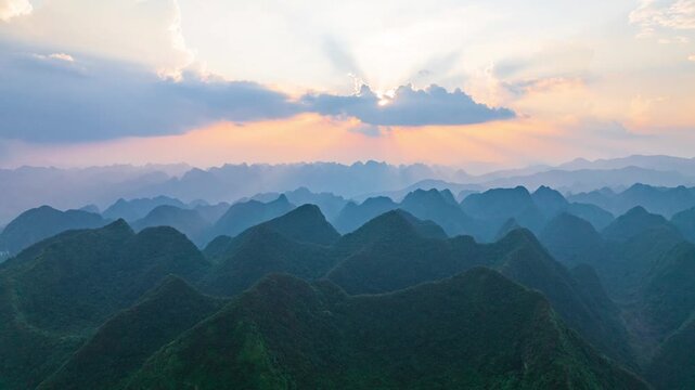 Sunset over the karst mountains of Fengshan County, Hechi City, Guangxi.