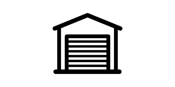 Black outline garage icon with rollup door for parking and storage.
