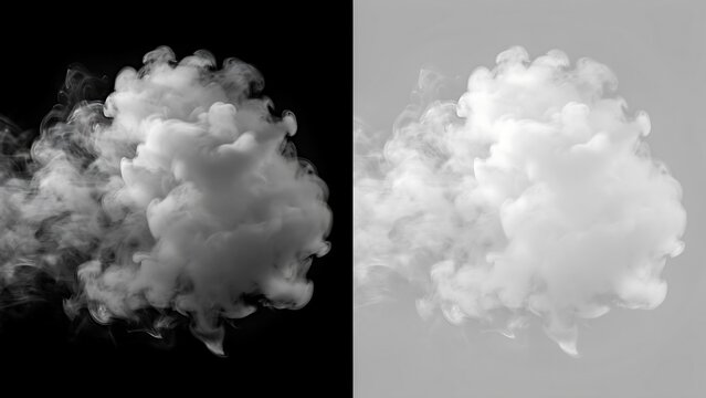 Visual comparison of atmospheric smoke or cloud formations showcasing texture variations and contrast density against black and white backdrops