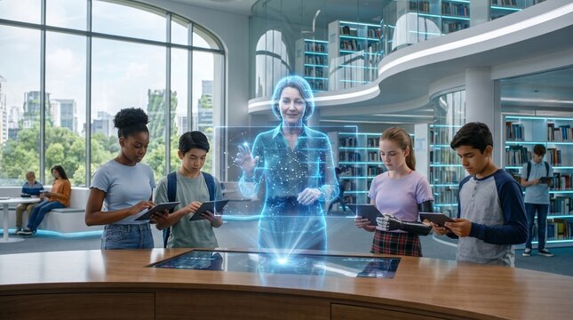Holographic AI Teacher Interacting with Students in Modern Library
