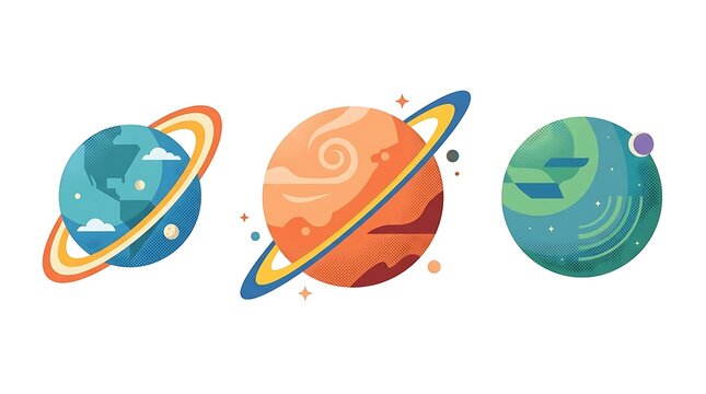Colorful digital pixel art planets with rings set isolated on white background
