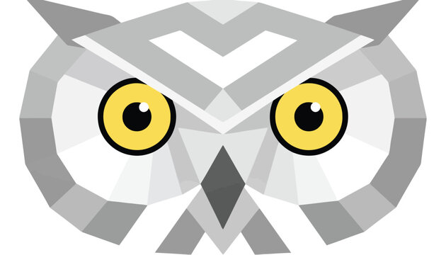 Stylized geometric owl head features striking yellow eyes and detailed grey patterned feathers.