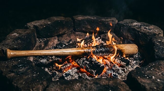 Wooden baseball bat burning intensely in a dark fire pit representing the emotional end of a sports career and letting go of past athletic failures