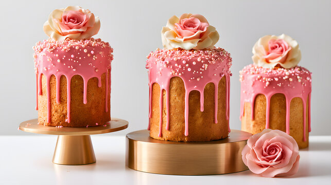 Pink drip cakes decorated with delicate roses