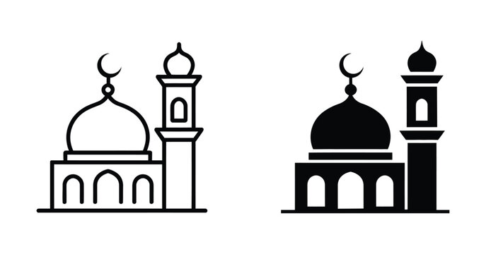 Mosque building with dome and tall minaret, outline and solid flat symbols, Islamic architectural design, religious festivities, worship, cultural heritage, vector graphics.