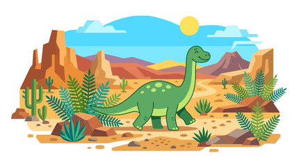 Obraz premium Happy Cartoon Dinosaur Walking Through a Sunny Prehistoric Desert Landscape.