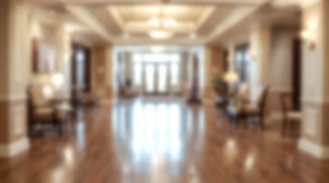 Elegant luxury hotel lobby with polished hardwood floors and cla