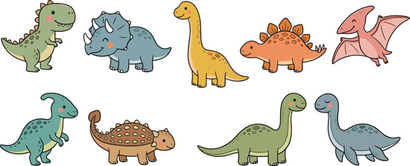 Cute Cartoon Dinosaurs Vector Clip Art Set with Tyrannosaurus Rex Triceratops Brontosaurus and Stegosaurus Characters for Kids Education and Nursery Wall Decor Graphic Designs © MDIRFAN