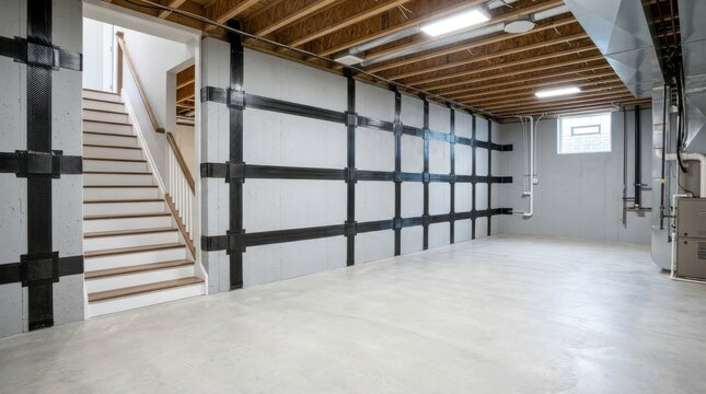 Basement foundation wall reinforced with carbon fiber straps and epoxy