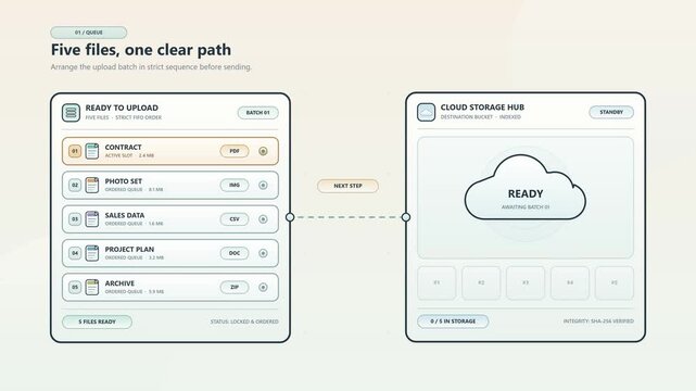 Smart upload queue animation showing batch files processed in order with progress tracking, priority management and cloud transfer, modern motion graphic for efficient file workflow and storage