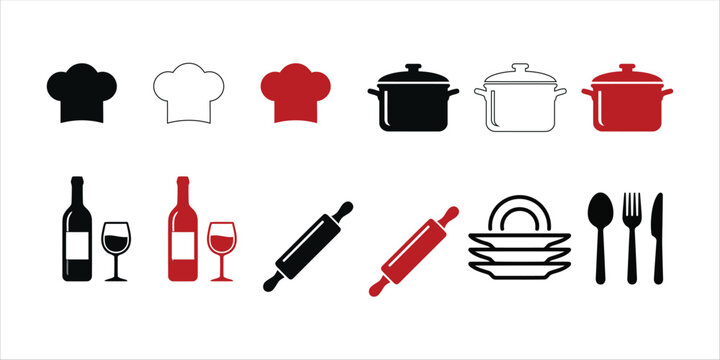 Set of various kitchen and cooking icons featuring chef hats pots wine bottles rolling pins and cutlery