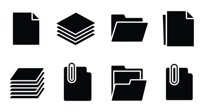 Document icons featuring paper sheets, folders, stacked files and paperclips, office organization, information management, data storage, business workflow, vector illustration.
