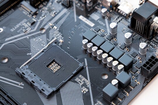 Close up view of modern computer motherboard circuitry components