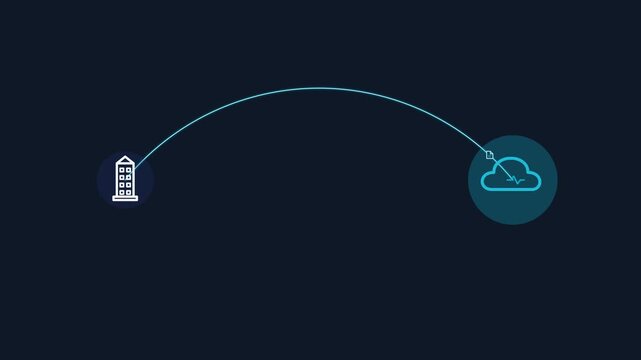 Clean modern business animation showing digital file transfer from office to cloud storage.