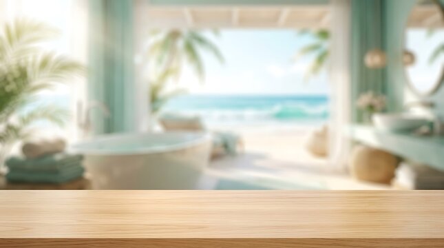 Empty wood table for product display with blurred tropical beach spa bathroom background for luxury resort wellness.