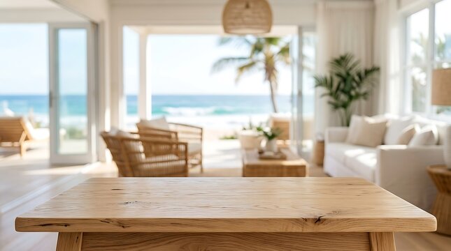 Wooden Table Foreground with Blurred Beach Villa Living Room Background for Product Display at Tropical Summer Resort