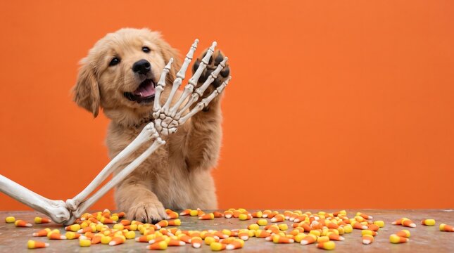 Golden Retriever Puppy High Fiving Skeleton Hand With Candy Corn