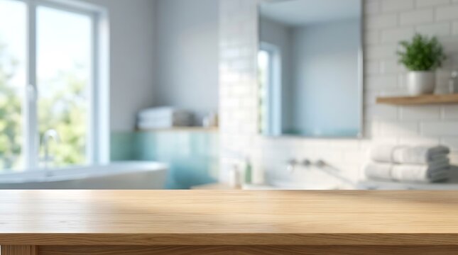 Empty Wooden Table Top Background for Product Mockup with Blurred Modern Bathroom Interior and Bright Natural Light.