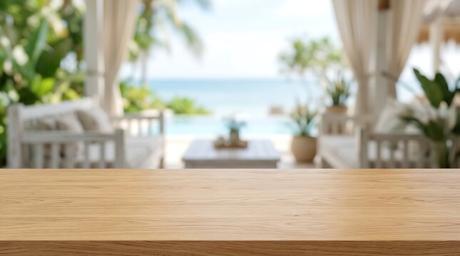 Wooden Tabletop Texture Background over Blurred Tropical Resort and Luxury Villa Pool for Product Mockup Advertising