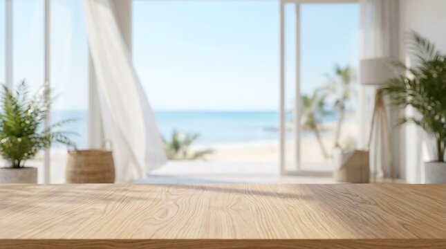 Wooden table top with blurred beach house interior background white blowing curtains ocean view for product display