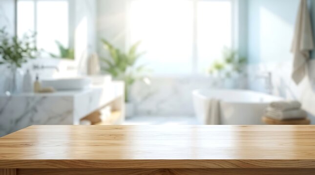 Empty wooden tabletop with blurred bright modern bathroom interior background for product presentation and mockup use